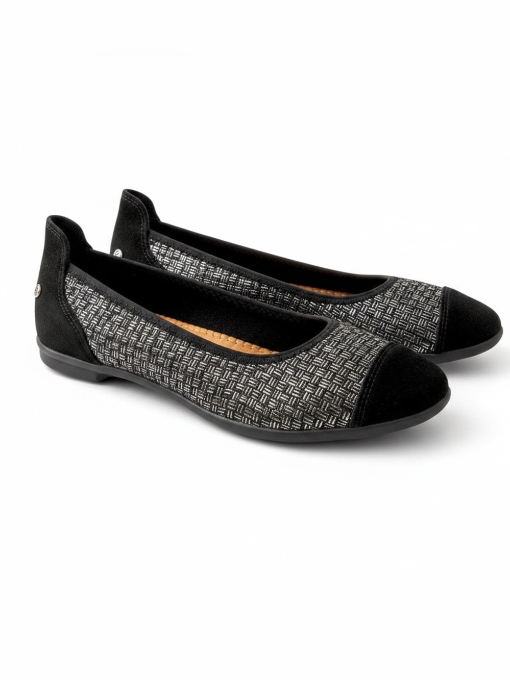 Metallic Silver Black Woven Comfort Ballet Flats